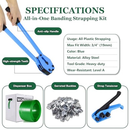 Banding Strapping Kit, Pallet Strapping Kit, Packaging Banding Tool with 5/8" Width, 1000' Length Polyester Strapping Coil Roll and Dispenser Box – Heavy Duty Certified 1200 lbs Break