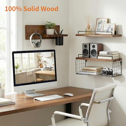 3-Tier Bathroom Floating Shelves with Hair Dryer Holder, Brown - color: Brown
