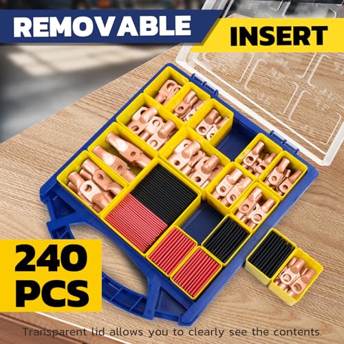 haisstronica 240PCS Battery Cable Lug & Heat Shrink Kit AWG 8/6/4/2/0/00 - color: Bare Copper, size: 240 PCS