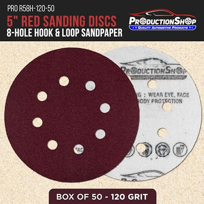ProductionShop Premium 5" Red 8-Hole Pattern 120 Grit Sanding Discs, Box of 50 - Dustless Hook & Loop Backing Sandpaper for Random Orbital Sanders, Medium-Cut Abrasive - Woodworking, Sand Auto Paint - style: 120 Grit