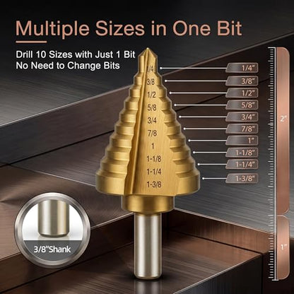 Step Bit-10 Steps Titanium Coating High Speed Steel Step Drill Bit Set Unibit with Dual Flute Straight Grooved for Metal Hole Drilling-1/4 to 1-3/8" - size: 1 pc