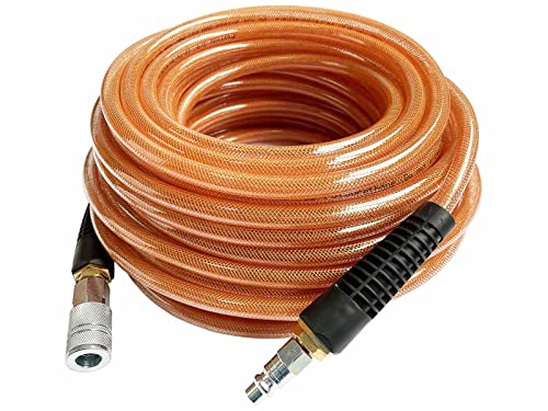 SANFU Polyurethane(PU) Reinforced 3/8”ID x 100ft Air Hose, 300PSI Wear Resistant With 3/8” Reassembled Industrial Quick Coupler and Plug, Bend Restrictor, Brown(100’) - color: Brown, size: 100FT