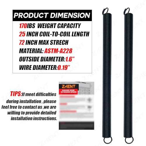 Garage Door Extension Springs Pair, 170 lb,25’’ Long,Replacement Kit - size: 170lb