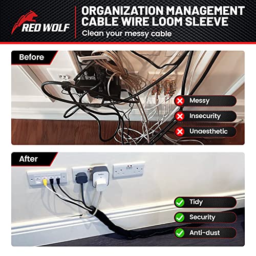 RED WOLF Braided Wire Cable Sleeve Split Wiring Sleeving 10 Feet - 1/2" Flexible Self-Wrap for Automotive Computer Cable Cord Management Cover Protector, Anti-Scratch High-Temperature Black - size: 1/2" x 10FT