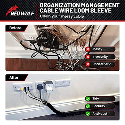 RED WOLF Braided Wire Cable Sleeve Split Wiring Sleeving 10 Feet - 1/2" Flexible Self-Wrap for Automotive Computer Cable Cord Management Cover Protector, Anti-Scratch High-Temperature Black - size: 1/2" x 10FT