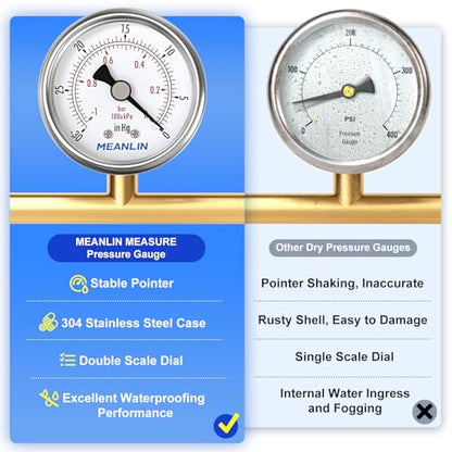 MEANLIN MEASURE -30inHG~0Psi Vacuum Gauge Stainless Steel 1/4" NPT 2" FACE DIAL Waterproof for Air Compressor HVAC Negative Pressure Hand Pump Pool Back Mount with 1/2" NPT and 3/8" NPT Hex Bushing - size: -15-0Psi