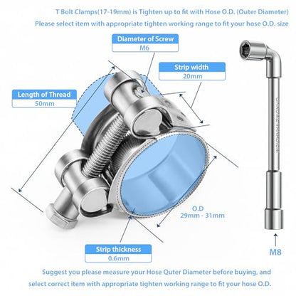 6 Pack 29-31mm (1.14-1.22") T-Bolt Hose Clamp,Stainless Steel_304 Intercooler Pipe Tube Clamps,Turbo Pipe Clamps,Heavy Duty Radiator Hose Clamp, T-bolt Intake Clamp - size: 1.14 - 1.22 inches