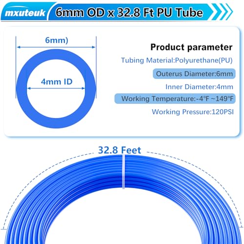 mxuteuk 6mm Air Line Tubing Kit,6mm Air Hose Kit,6 mm x 32.8 Feet(10 Meter) PU Tube with Push to Connect Fittings - color: 6mm Kit