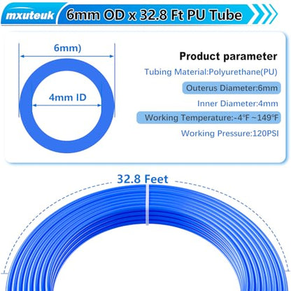 mxuteuk 6mm Air Line Tubing Kit,6mm Air Hose Kit,6 mm x 32.8 Feet(10 Meter) PU Tube with Push to Connect Fittings - color: 6mm Kit
