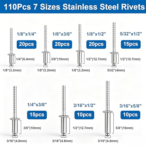 110pcs Steel Rivets 7-Sizes 304 Stainless Steel Rivets Assortment Kit 1/8",5/32",3/16" for Metal,Furniture,Automotive,Instruments - color: 110Pcs
