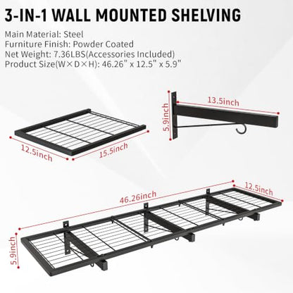Garage Wall Shelves, 46"X12.5" Garage Shelving Wall Mounted, Heavy Duty Shelf Storage Rack with 4 Hooks, Black Organizer Floating Metal Shelf 160 LBS Capacity for Office, Basement, Laundry Room - size: A-1 PACK