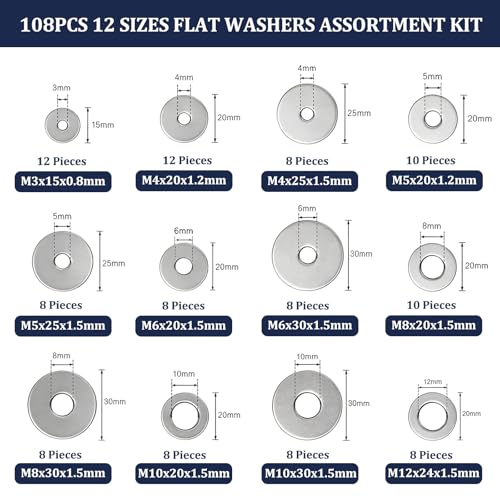 ZQZ 108Pcs Stainless Steel Flat Washers Assortment Kit;Fender Washer M3-M12 - size: 12 Sizes 108 Pieces