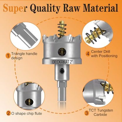DECKRKAT 2-7/8" TCT Hole Saws for Hard Metal, Heavy Duty 73mm Tungsten Carbide Tipped Hole Cutters Set with Spring-Loaded Pilot Drill Bits for Stainless Steel, Metal, Iron, and Plastic. - size: 2-7/8" (73mm)
