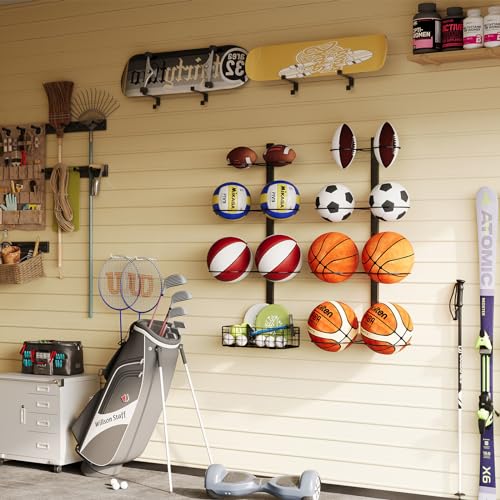 8 Tier Detachable Wall Mounted Basketball Rack, Vertical/Horizontal Football Holder, Holds 14 Balls DIY 1/2/3/4 Soccer Stand, Height-Adjustable Ball Rack with Basket for Garage, Tool Room, Metal-Black