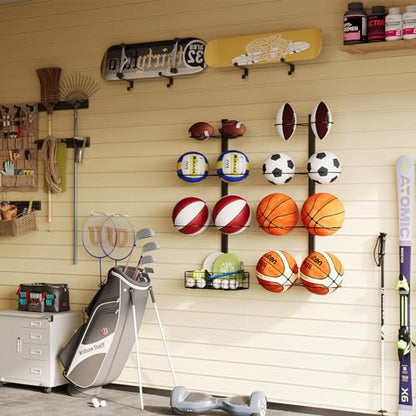 8 Tier Detachable Wall Mounted Basketball Rack, Vertical/Horizontal Football Holder, Holds 14 Balls DIY 1/2/3/4 Soccer Stand, Height-Adjustable Ball Rack with Basket for Garage, Tool Room, Metal-Black