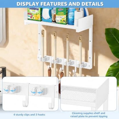 Mop Broom Holder Wall Mount with Top Shelf, Broom Organizer Wall Mount - color: White, size: Small