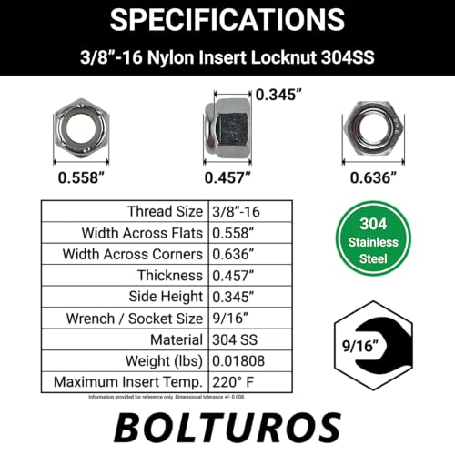 3/8"-16 Nylon Insert Locknuts 304 Stainless Steel - Pack of 25 - size: 3/8"-16