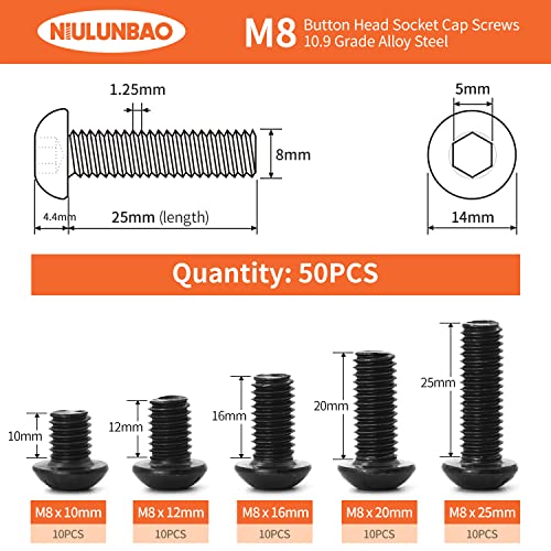 M8 x 10mm 12mm 16mm 20mm 25mm Button Head Socket Cap Screws Bolts 10.9 Grade Alloy Steel, Black Oxide Finish, Metric Allen Hex Drive, Machine Fully Threaded, Assortment Kit 50PCS - size: M8 x 10/12/16/20/25mm (50PCS)