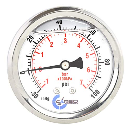 1-1/2" Pressure Gauge, Stainless Steel Case, Chrome Plated Brass Connection, Lqiuid Filled, Compound Vacuum -30 Hg - 0-100 psi Back Mount 1/8" NPT - style: -30 / 0 / +100 inHg/psi