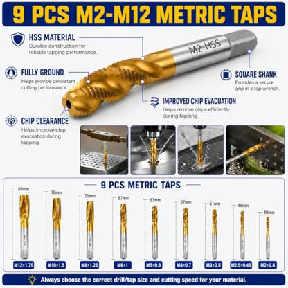 32 Pcs Metric Tap and Die Set, Adjustable Drill and Tap Set with Tap Wrench, Stripped Screw Extractor, Twist Drill Bits, and M2-M12 Taps, Hand Screw HSS Thread Tap Set, Drill Tap Set for Metal Wood - color: 32 Pcs