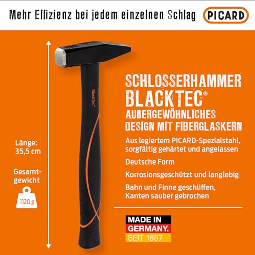 Picard Riveting Hammer BlackTec 800g – German Pattern, Cross Peen, Alloy Steel Head, Black Powder Coated, Low Vibration, Fiberglass Core Handle, Rubber Grip – 0032700-0800 - size: 800g