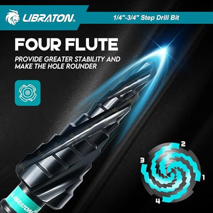 LIBRATON Four Spiral Flute Step Drill Bit Set 1/4"-3/4", M35 Step Bits - style: 1/4'' -3/4''