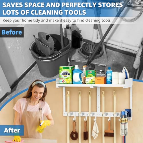 HUFAND Broom Holder Wall Mount, 27" Mop and Broom Organizer with Top Shelf - color: White, size: Large
