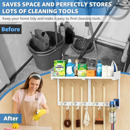 HUFAND Broom Holder Wall Mount, 27" Mop and Broom Organizer with Top Shelf - color: White, size: Large