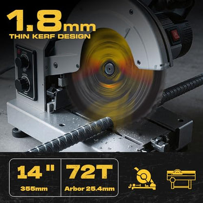 14" Metal Cutting Blade for Chop Saw, Carbide-Tipped TCT Blade, 72-Tooth