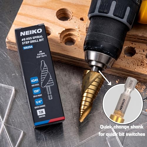 NEIKO 10625A Step Drill Bit, 9 Steps 1/2" to 1" Spiral High Speed Steel, Titanium Nitride Coated, 1/4" Quick Change Step Bits for Steel, Metal, Wood, Plastic, Unibit Cone Drill Bits, Two Flute - size: #8 (1/2 - 1", 9S), style: Spiral