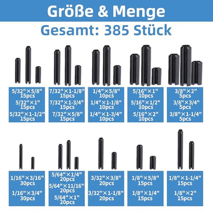 385PCS SAE Roll Pin Set (26 Sizes) - size: 385 pieces SAE Roll Pins