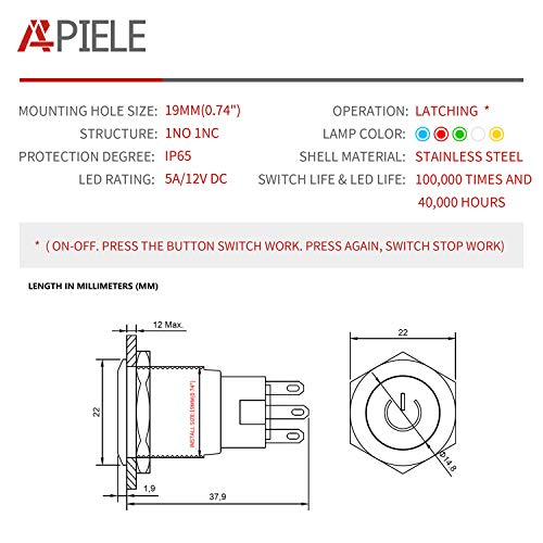 APIELE 19mm Latching Push Button Switch 3/4" 12V DC Power Symbol LED with Socket Plug 1NO1NC SPDT ON/Off（ Green） - color: Green
