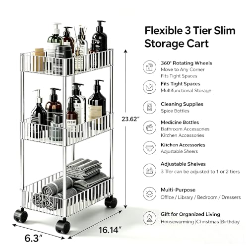 Sooyee Slim Clear 3-Tier Plastic Rolling Utility Cart with Wheels - color: Clear, size: Slim 3 Tier
