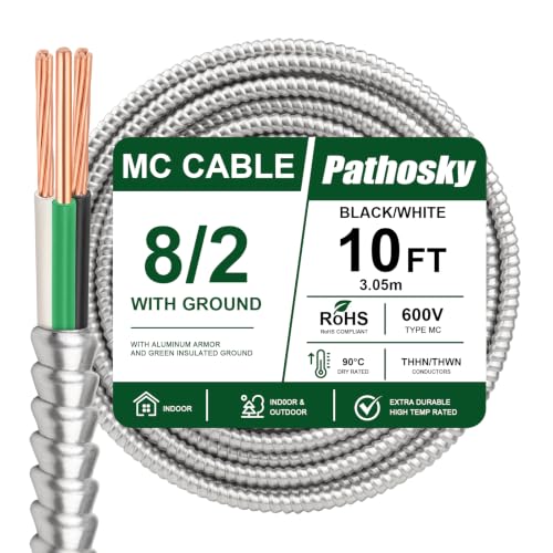 8/2 MC Cable 10 FT, Interlocking Aluminum Armored Electrical Wire with Ground Metal Clad THHN/THWN 8 Gauge Stranded Copper Conductors 600V 90°C Dry Rated for Building Wiring UL Listed - color: 10 FT, size: 8AWG/2