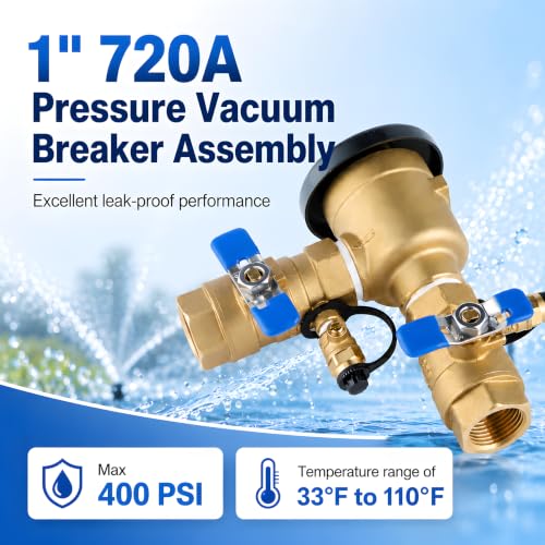 1 Inch Backflow Preventer, Brass Pressure Vacuum Breaker Assembly, 400 PSI Sprinkler Backflow Valve for Lawn Irrigation, Garden Water Lines and Outdoor Anti-Siphon Protection - size: 1Inch