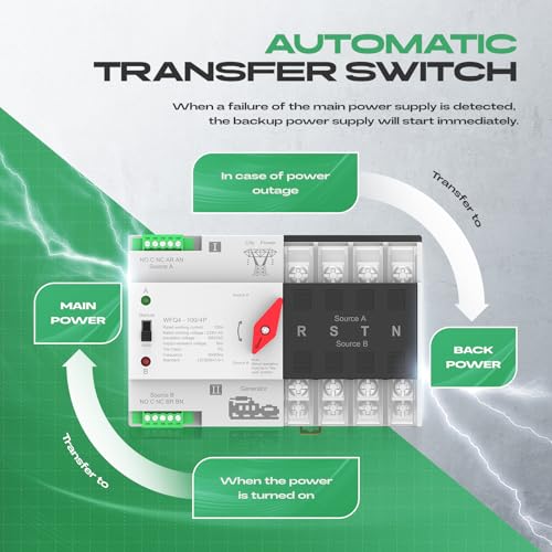 Automatic Transfer Switch 100A AC 220V, Dual Power ATS 4P Automatic/Manual Transfer Switch din Rail mounting for Home Generator, RV，Public/Backup Power Supply - size: Automatic Transfer Switch 4P 220V