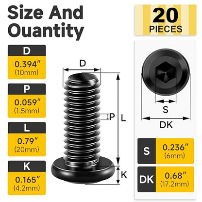 Mywish M10 x 20mm 20Pcs Flat Head Hex Socket Cap Screws Bolts, 304 Stainless Steel Furniture Bolts Full Thread & Hex Spanner, Black Oxide - color: Black-M10, size: 20mm