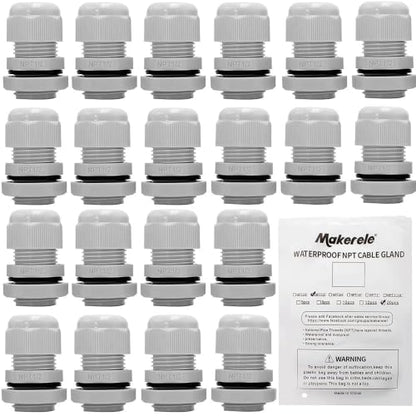 MAKERELE 1/2 NPT Nylon Cable Gland Strain Relief Connector Waterproof IP68 - color: Grey, size: 1/2" 20pcs BAG