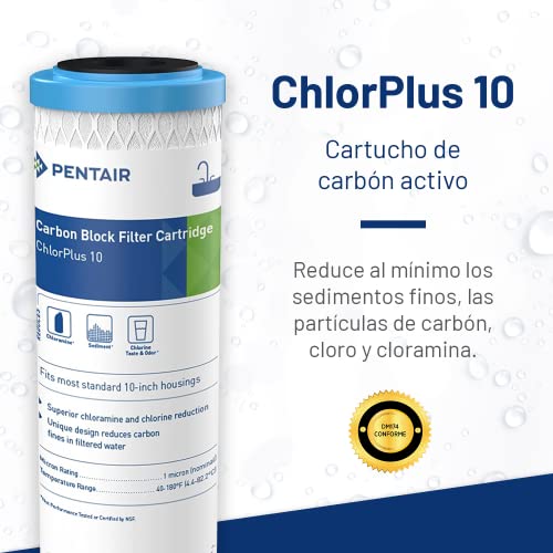 Pentair Pentek ChlorPlus 10 Carbon Water Filter, 10-Inch, Chloramine and Chlorine Reduction Carbon Block Replacement Cartridge, 10" x 2.5", 1 Micron - style: 10" x 2.5"