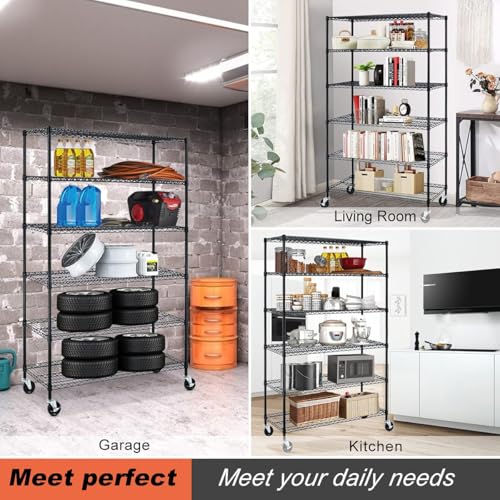 Meet perfect 6-Tier Wire Shelving Unit with Wheels, 48x18x72 in, Black - color: Black, size: 6-Tier, 72"H × 48"W × 18"D