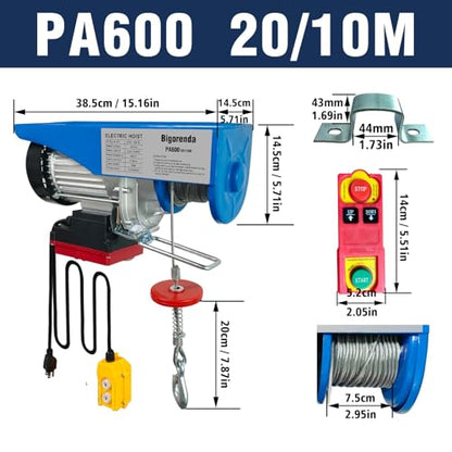 Electric Hoist 2 in 1,Electric Hoist 1320lbs, Bigorenda 110v Electric Hoist Winch with 328ft Wireless Control & Wired Remote Control, 65.6ft Lifting Garage Lift Hoist,for Factories, Warehouses, Attic - color: Sky blue