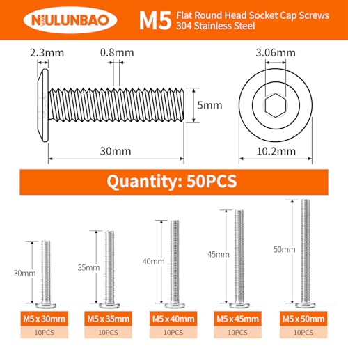 M5 x 30mm 35mm 40mm 45mm 50mm Flat Round Head Hex Socket Cap Screws Bolts, Furniture Screws, 304 Stainless Steel, Allen Hex Drive, Metric Fully Threaded, Bright Finish, Assortment Kit 50PCS - size: M5 x 30/35/40/45/50mm (50PCS)