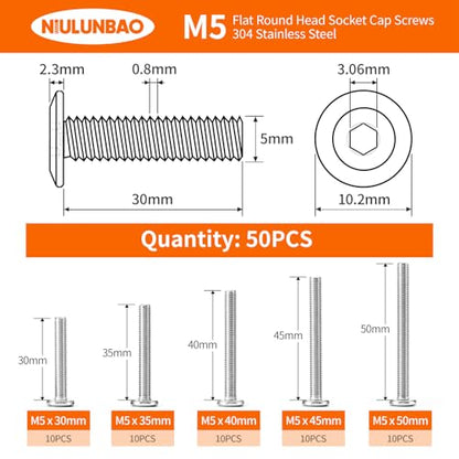 M5 x 30mm 35mm 40mm 45mm 50mm Flat Round Head Hex Socket Cap Screws Bolts, Furniture Screws, 304 Stainless Steel, Allen Hex Drive, Metric Fully Threaded, Bright Finish, Assortment Kit 50PCS - size: M5 x 30/35/40/45/50mm (50PCS)