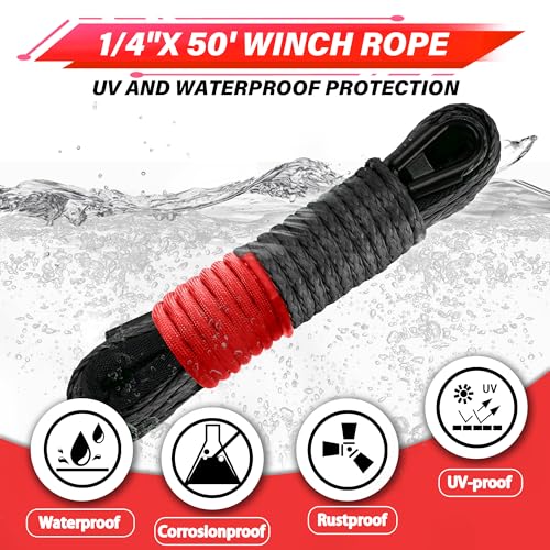 TYT Off-Road Winch Rope Kit - 1/4''x50', 10000 Lbs Black Synthetic Cable with Protective Sheath, Heavy-Duty Hook, Safety Pull Strap & Rubber Stopper Ideal for 4WD ATV UTV Vehicles, Grey, (JPS1450IG) - color: Grey, size: 1/4'' x 50'