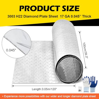 Diamond Plate Aluminum Sheet – 3003 H22, 17GA 0.045" Thick, Heavy-Duty Aluminum Sheet Metal 40" x 120", Rust-Resistant Metal Panel for Kitchen, Bathroom, Walk-In Refrigerators, Trailers & DIY Projects - size: 40" x 120"