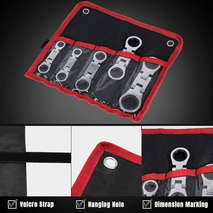 LOSCHEN 5-Piece Flex-Head Stubby Ratcheting Combination Wrench Set, Mini Double Box End, SAE 1/4 3/8 5/16 7/16 1/2 9/16 11/16 5/8 3/4 13/16, 72-Teeth, CR-V Steel - size: SAE