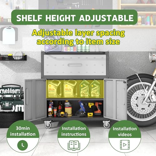 Metal Mobile Tool Storage Cabinet with 2 Locking Door and 1 Drawer - color: Black/Gray, style: 1 drawer 2 doors with wheels