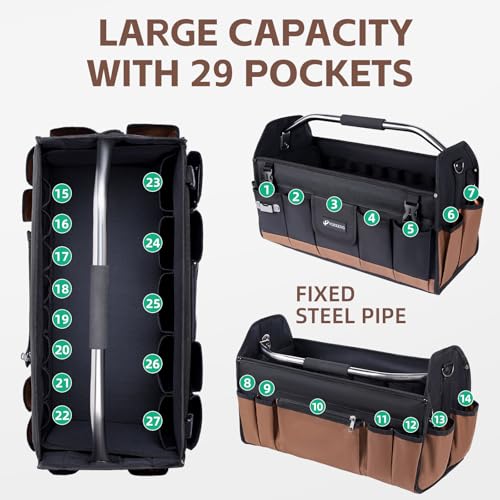 22 Inch Tool Bag, Foldable 19 Pockets Tool Tote Bags with Tool Organizer with Adjustable Shoulder Strap, Easy Carry and Easy Tool Access Open Top Tool Bag - size: 22IN