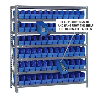 Quantum Storage Systems 1239-100BL Steel Shelving Unit with 4" Shelf Bins, 12" D x 36" W x 39" H, Blue - size: 39" H x 36" W x 12" D, style: 12" L x 3" W x 4" H 72 Economy Blue Bins