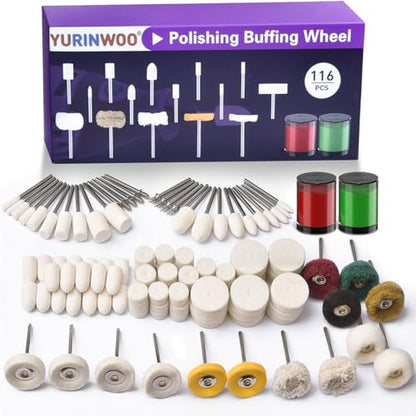 114 PCS Polishing Kit with 2Pcs Polishing Compound for Dremel, Abrasive Buffing Wheels Polishing Bits for Rotary Tool Accessories with 1/8 Inch Shank, Sanding Kit for Metal Wood Watch Jewelry Brass - style: 116pcs Buffing Wheels